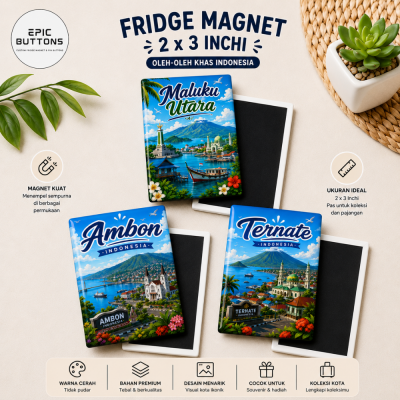 Fridge Magnet Kota Indonesia 2x3 Inch | Magnet Kulkas Souvenir Wisata Ambon Ternate Maluku Utara Oleh-Oleh